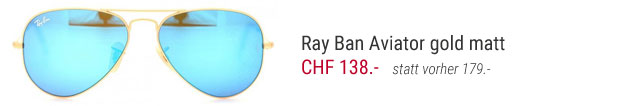 Ray Ban Aviator mit gold matten Gestell und blau verspiegelten Brillengläser, jetzt stark reduziert.